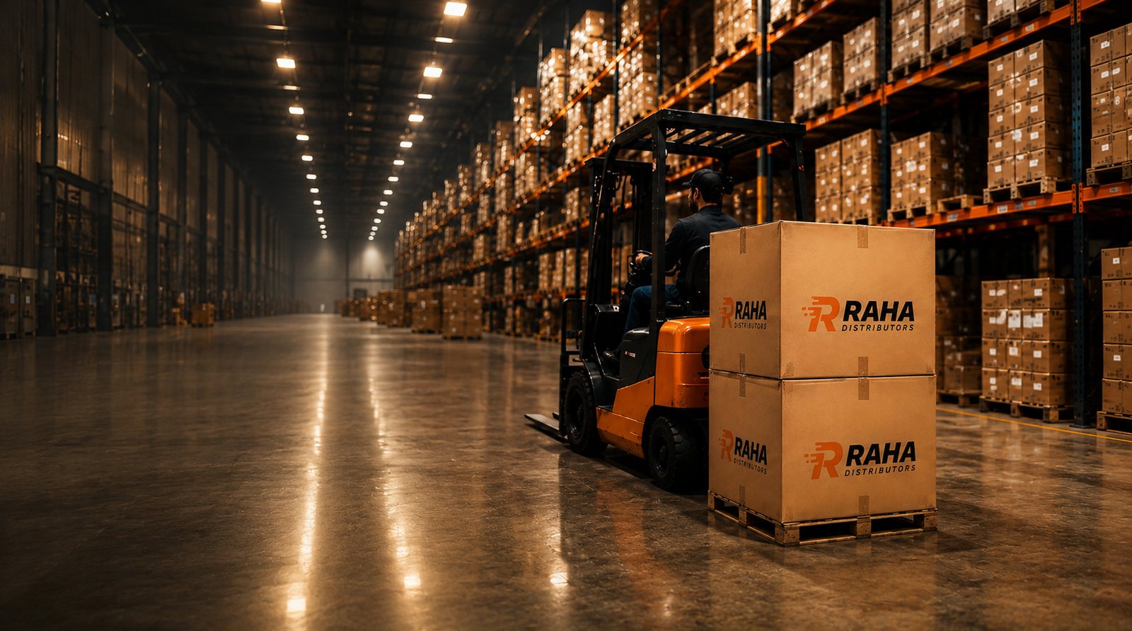 Raha Distributors warehouse with branded shipping boxes